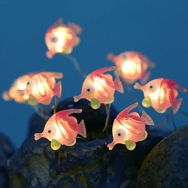 Ocean themed fairy lights for coastal bedroom decor with cute sea creature ornaments