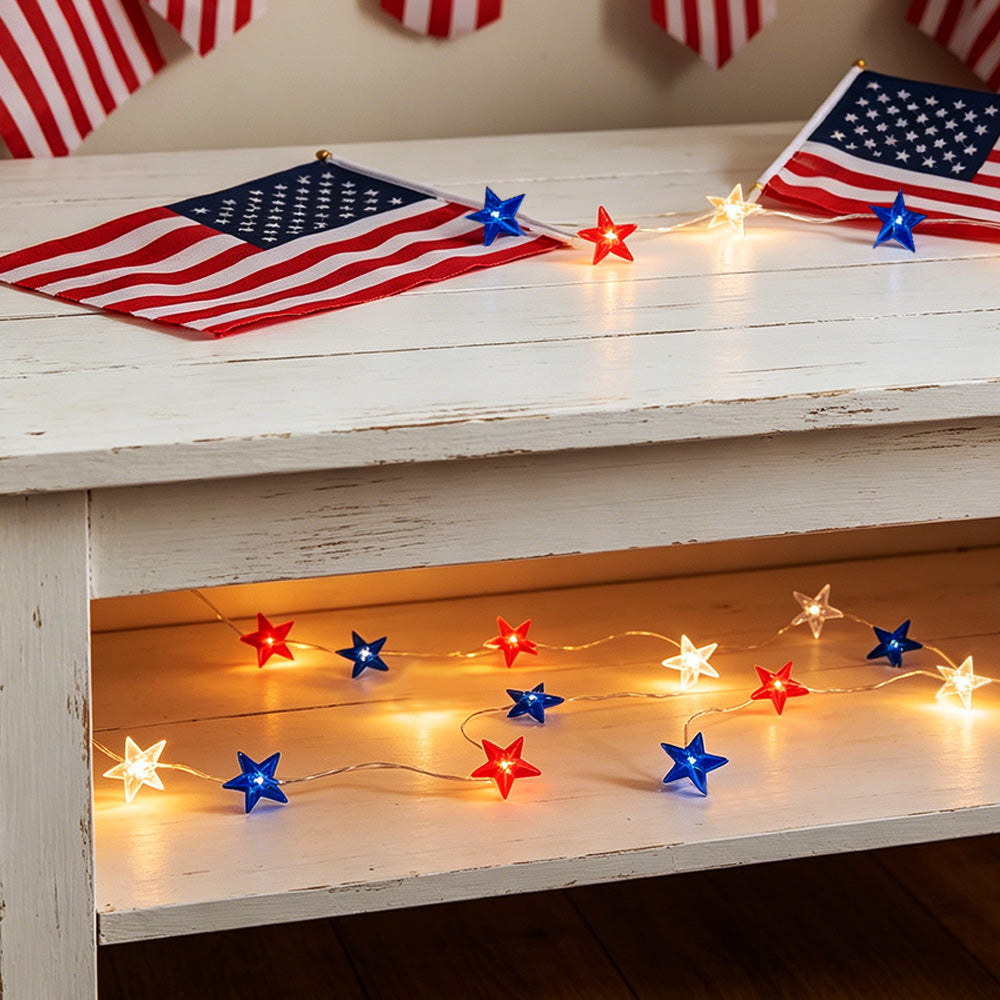 Patriotic Red White Blue Star Fairy Lights 10ft 30 LED