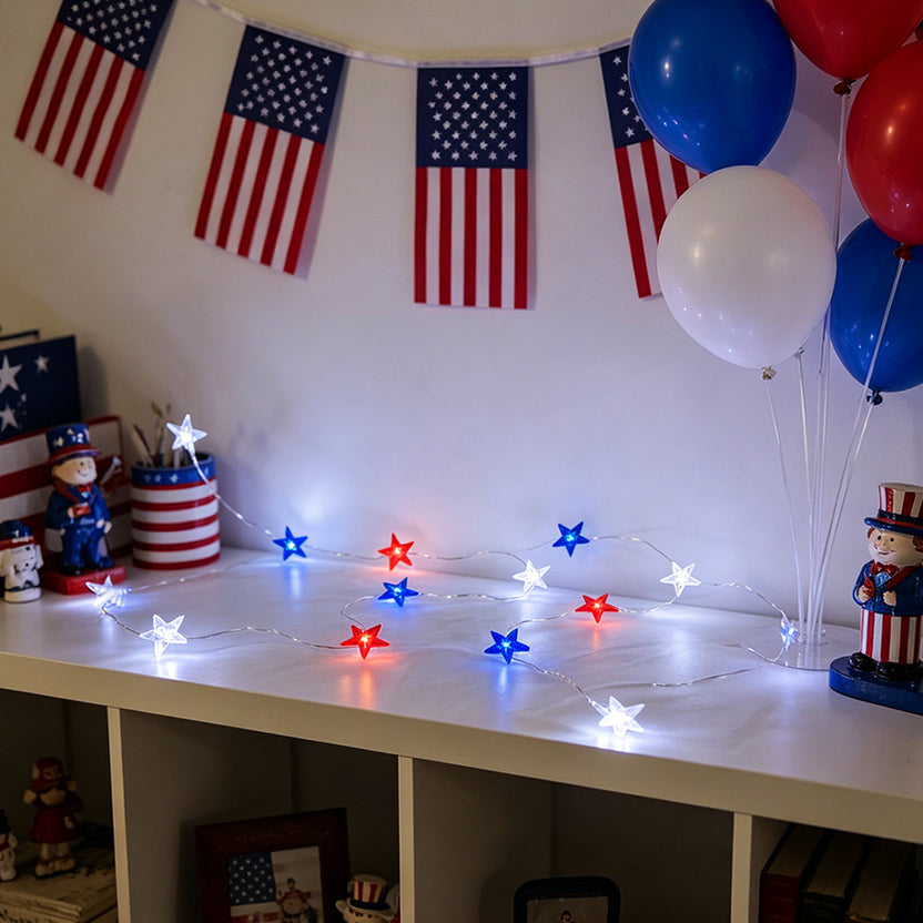 Patriotic Red White Blue Star Fairy Lights 10ft 30 LED