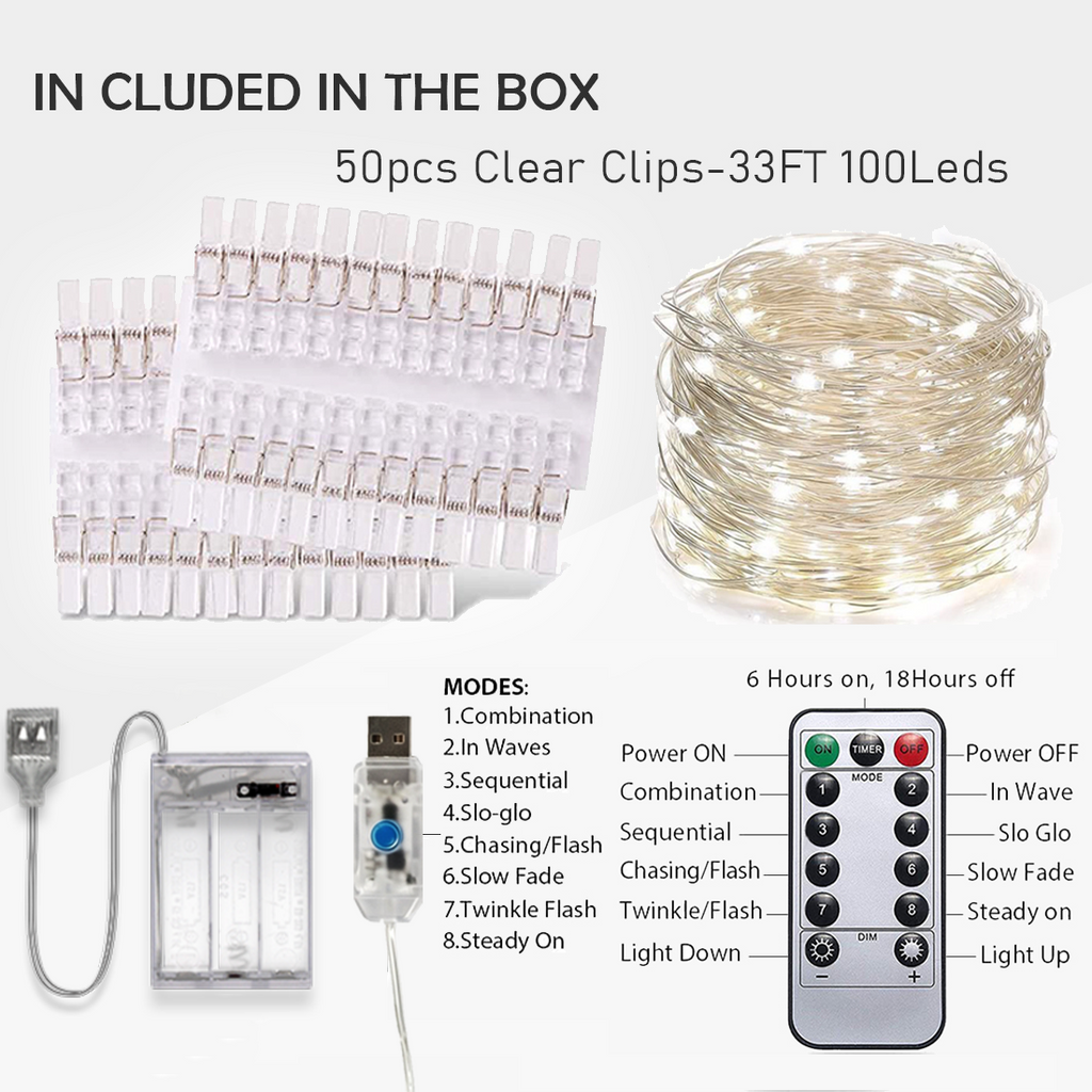 Photo Clip String Lights, 33ft, 100 Warm LEDs, 50 Clips
