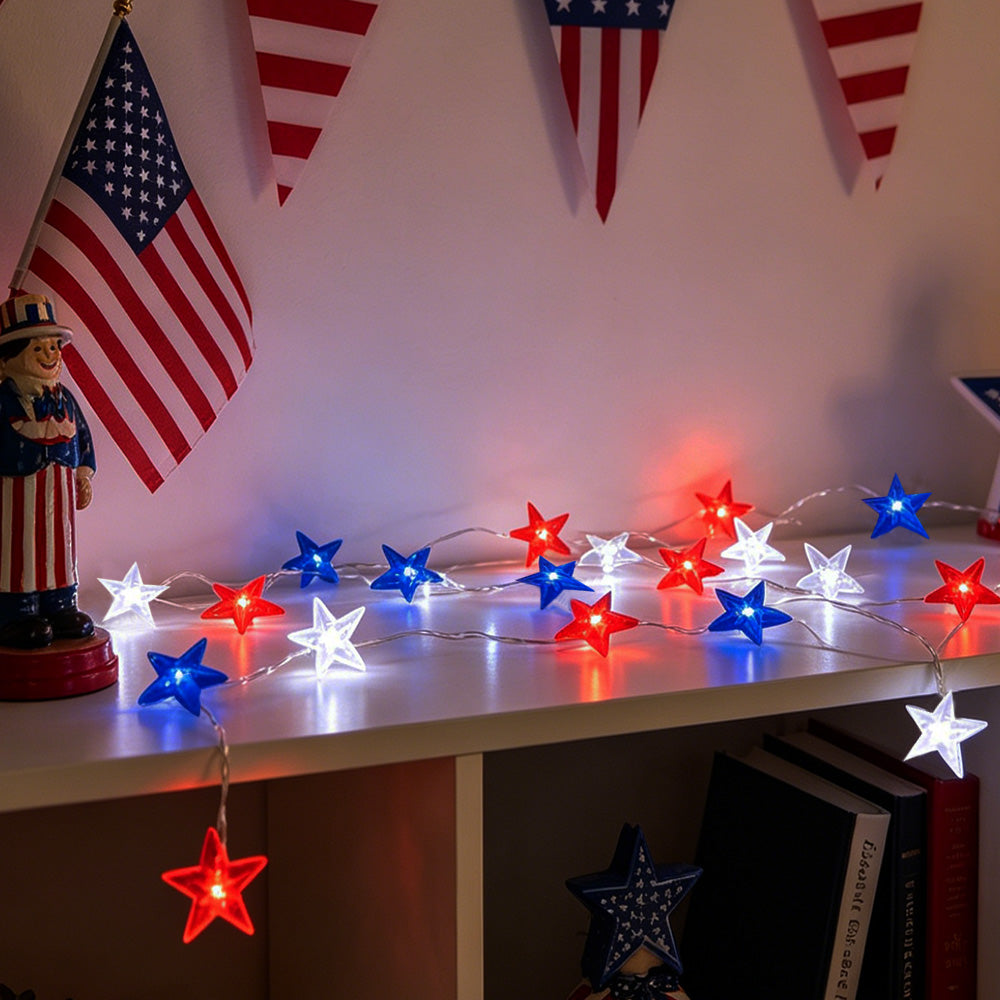 Patriotic Red White Blue Star Fairy Lights 10ft 30 LED