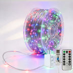 Silver-wire copper fairy lights on a reel with multicolor LEDs, USB controller, remote and power adapter