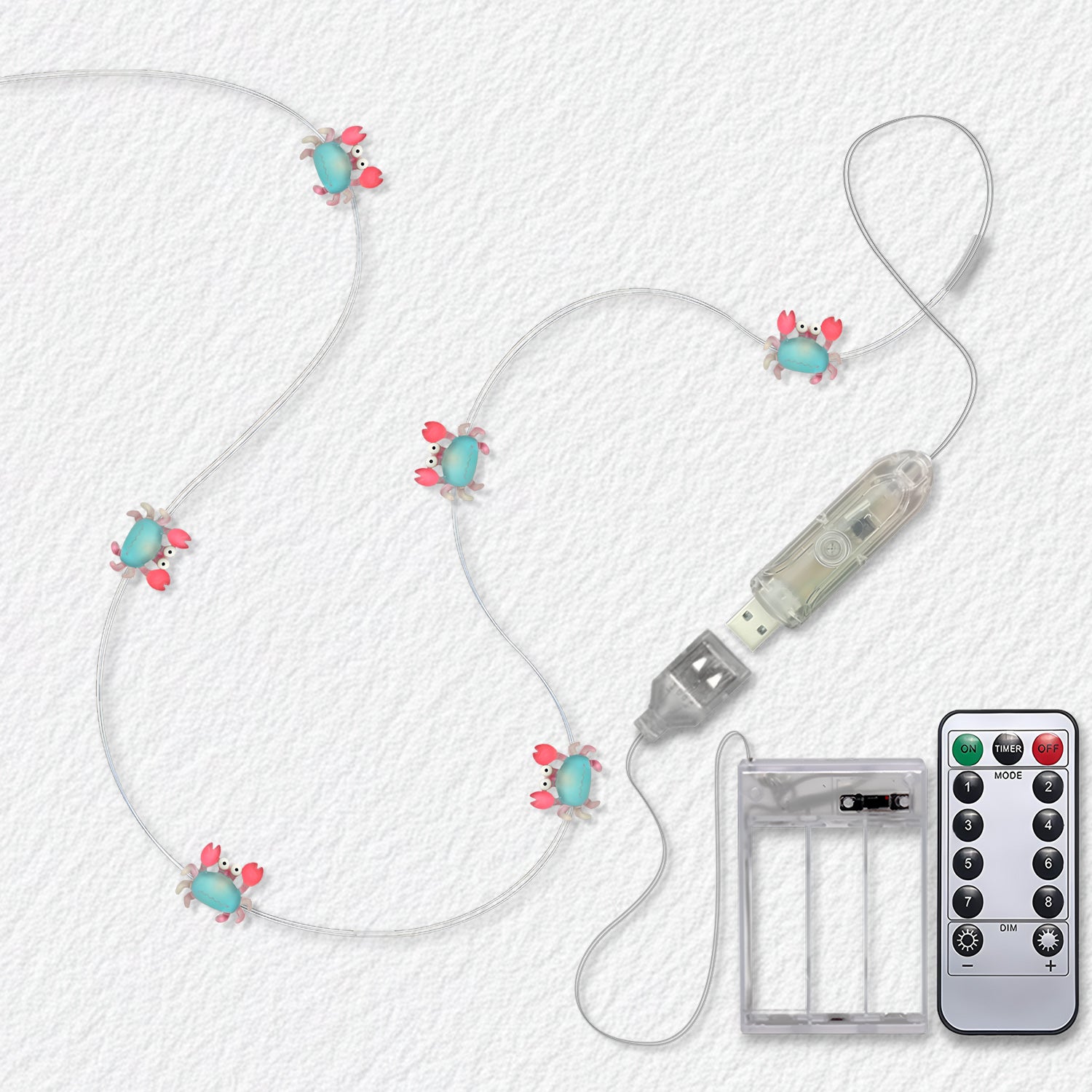 Crab fairy lights with USB and 3AA battery box 8 mode remote control