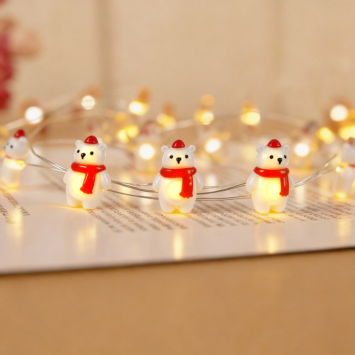 Scarf Bear fairy lights decorating bedroom