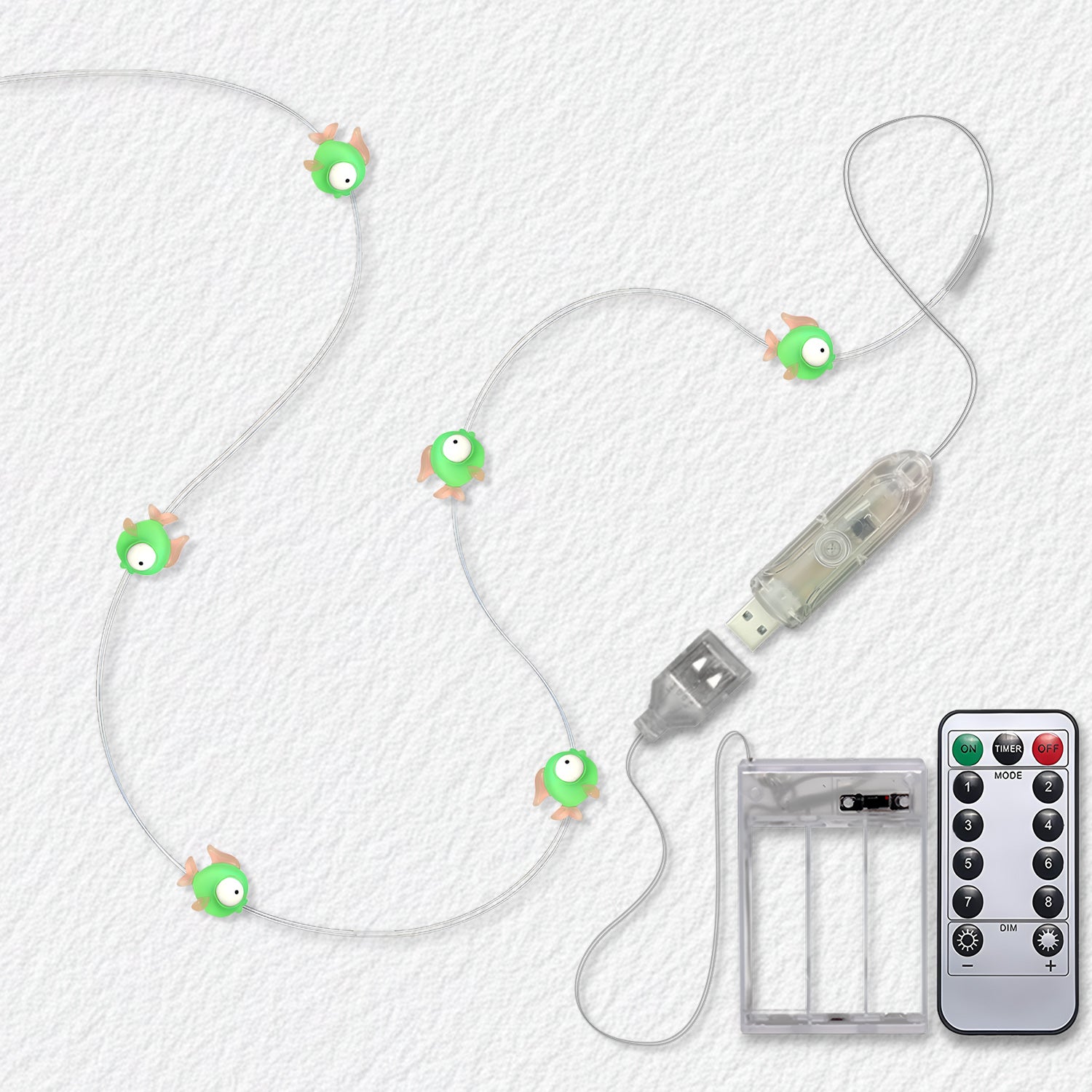 Green Fish fairy lights with USB and 3AA battery box 8 mode remote control