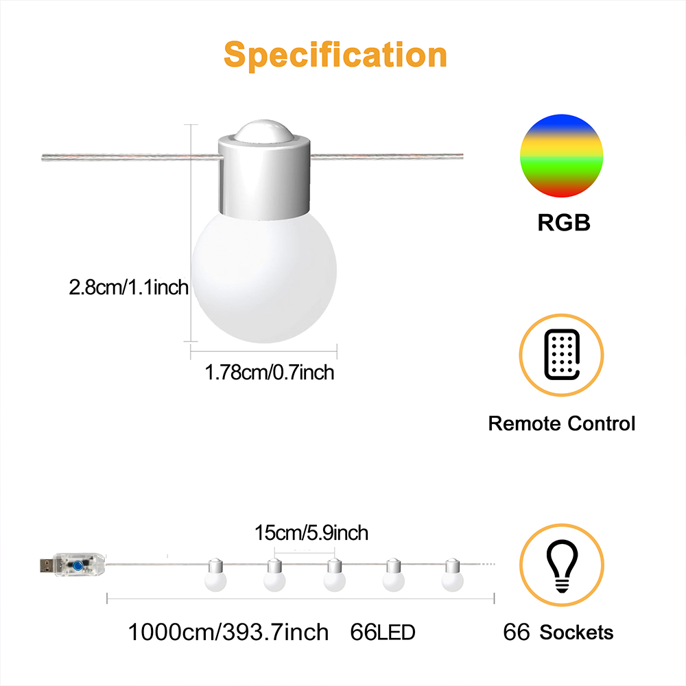 33ft Bulb String Lights, 66 Warm White LEDs