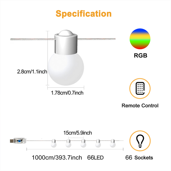 33ft Bulb String Lights, 66 Warm White LEDs