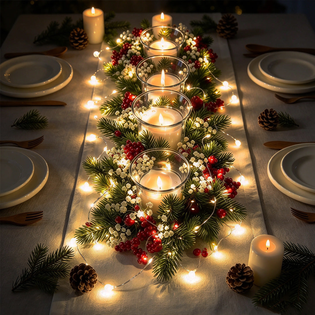 Warm-white fairy lights woven through a table garland with candles