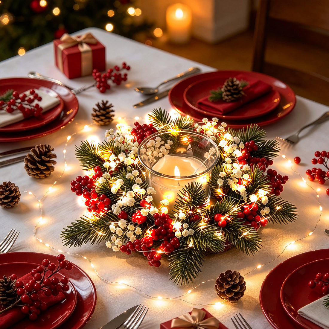 Warm-white fairy lights woven through a table wreath around a candle