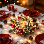 Warm-white fairy lights woven through a table wreath around a candle
