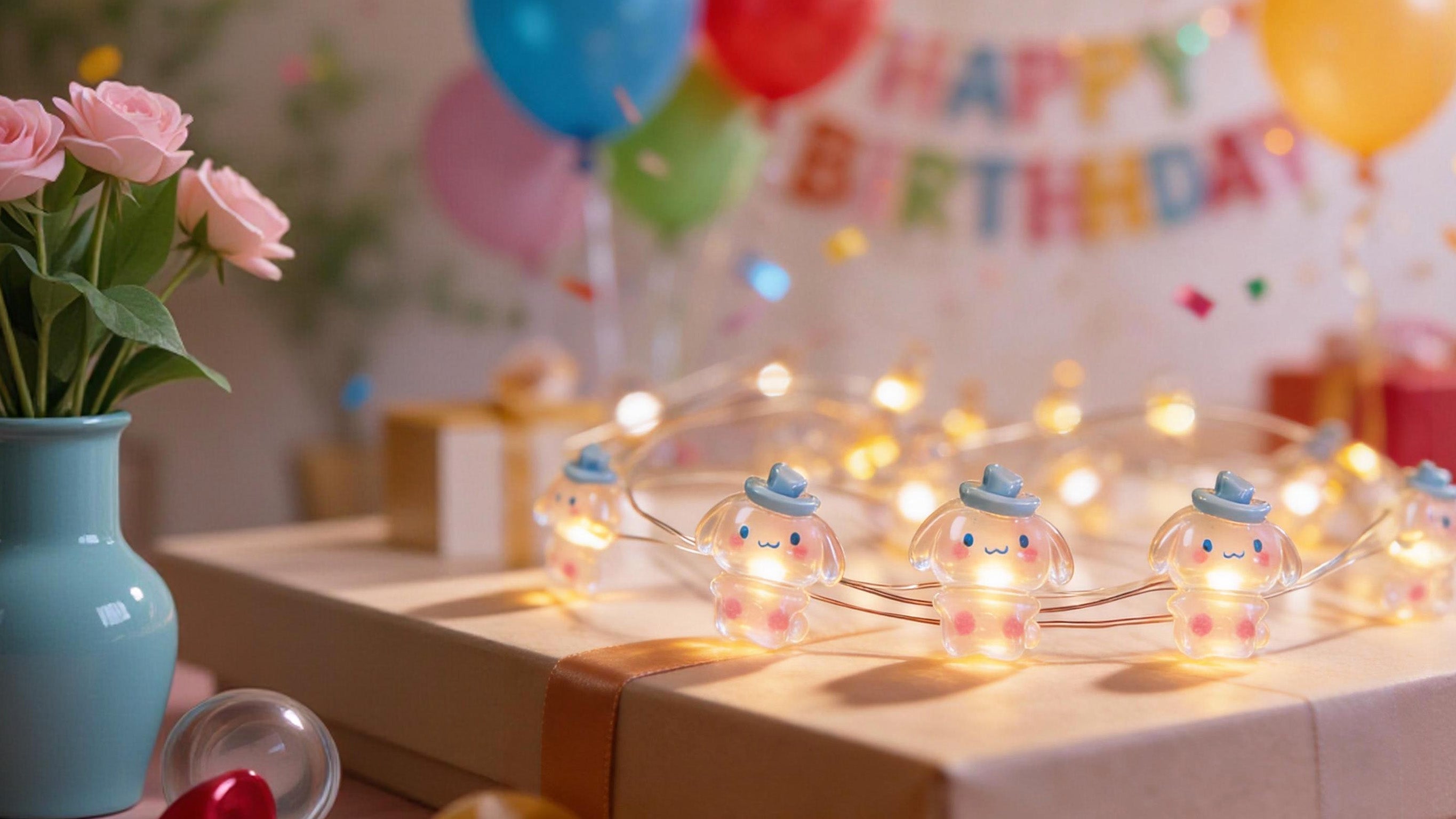 Cute themed fairy lights glowing on a gift box warm cozy room decor