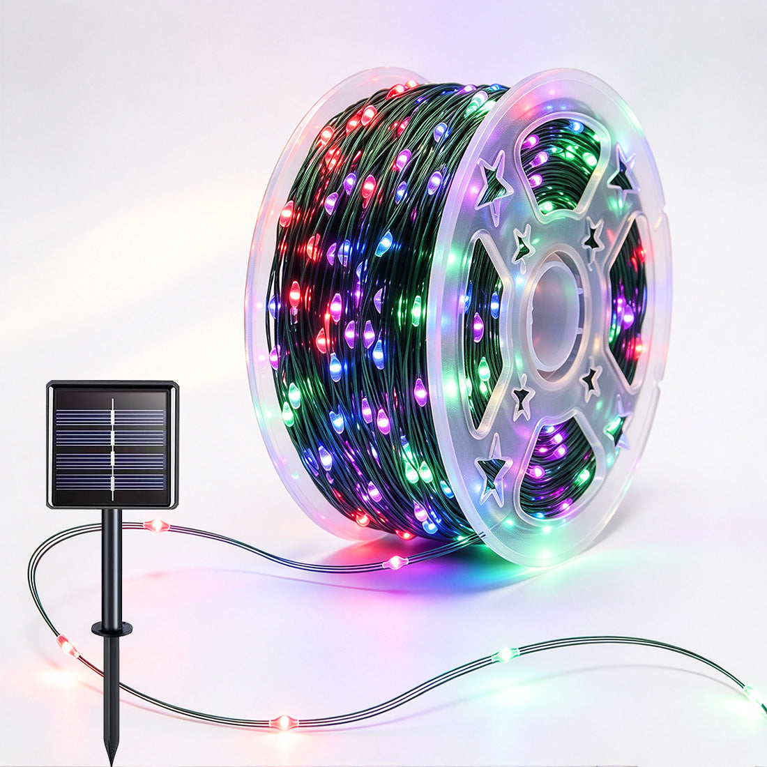 Green-wire copper fairy lights on a reel with multicolor LEDs and a solar panel