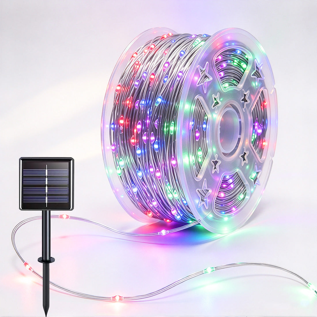 Silver-wire copper fairy lights on a reel with multicolor LEDs and a solar panel