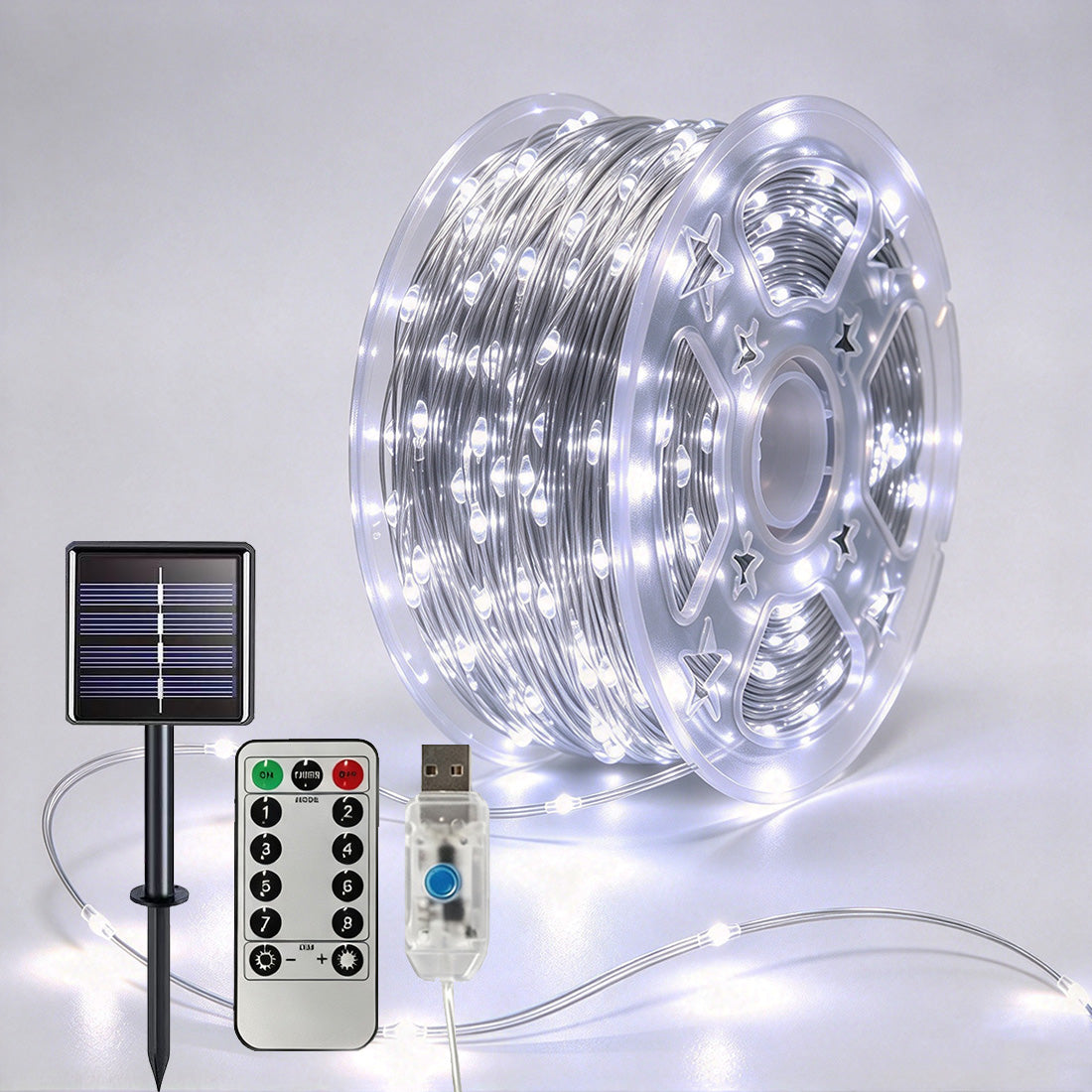 Micro LED fairy lights on a reel with a solar panel, USB lead and remote