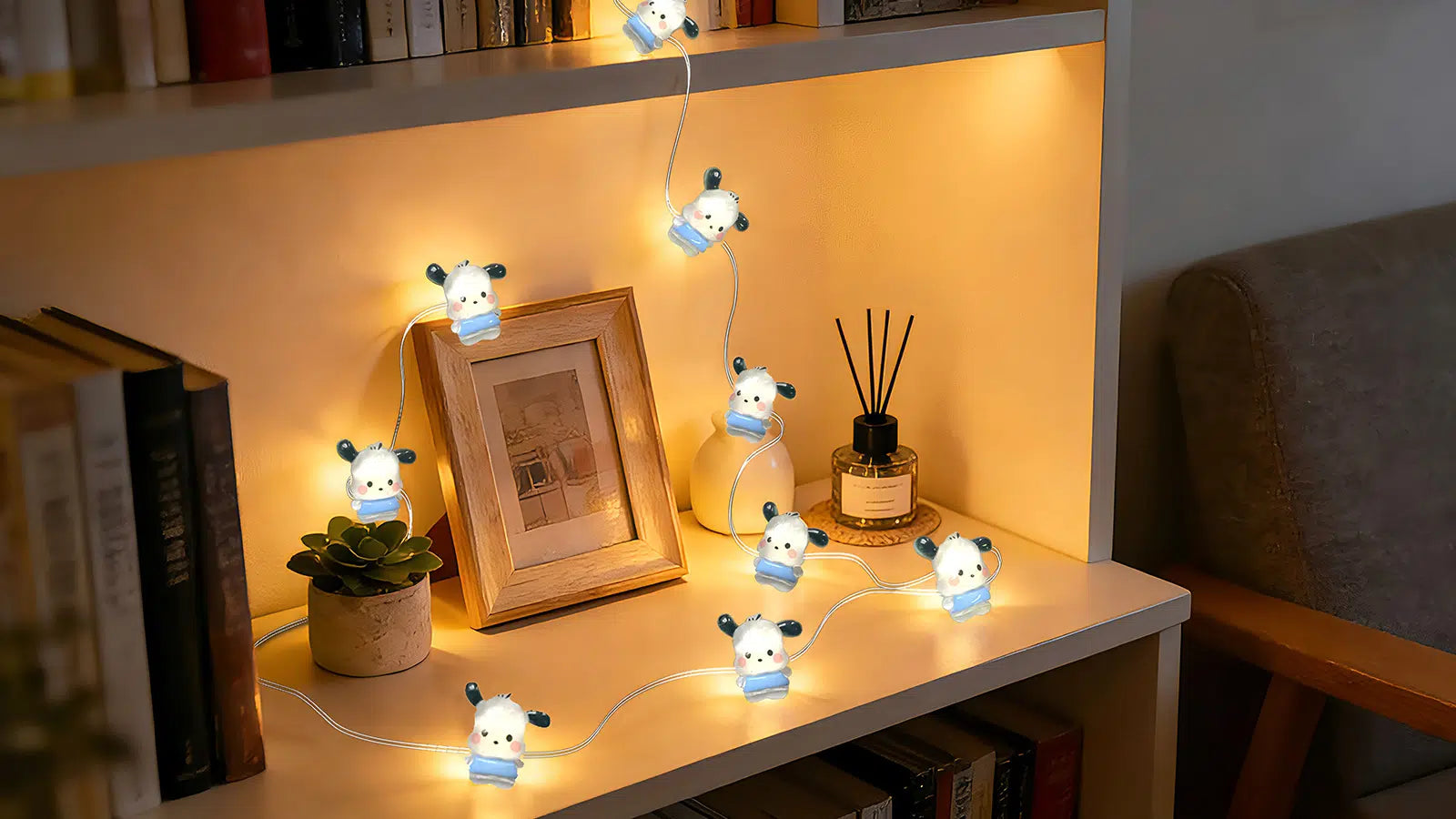 Battery operated fairy lights for cozy room decor in a warm bedroom setting