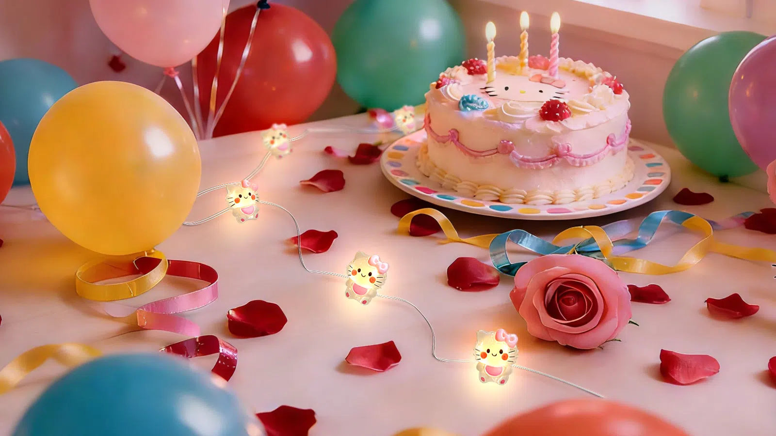 Battery operated fairy lights on a shelf for cozy room decor with cute themed ornaments