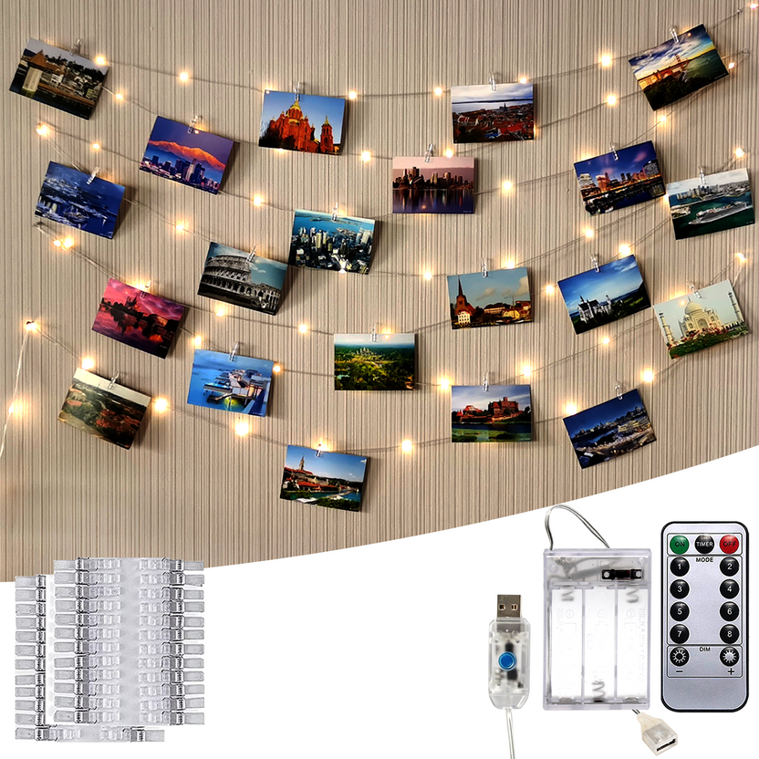 Photo Clip String Lights, 33ft, 100 Warm LEDs, 50 Clips